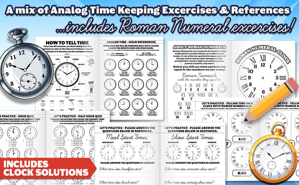 Oh Boy Love It - Learn and Practice. Handwriting Cursive Workbook with Analog Time Keeping Practice includes Roman Numerals