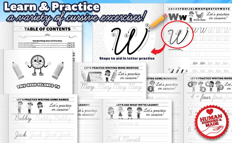 Oh Boy Love It - Learn and Practice. Handwriting Cursive Workbook with Analog Time Keeping Practice includes Roman Numerals