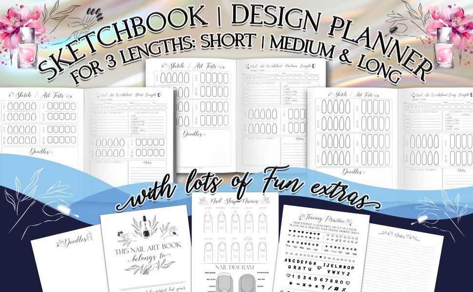 Oh Boy Love It, Nail Art Sketchbooks, Design Planners 3 styles, Long Nails, Medium Length, Short Length