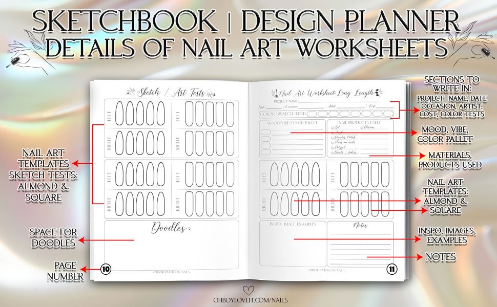 Oh Boy Love It, Nail Art Sketchbooks, Design Planners 3 styles, Long Nails, Medium Length, Short Length